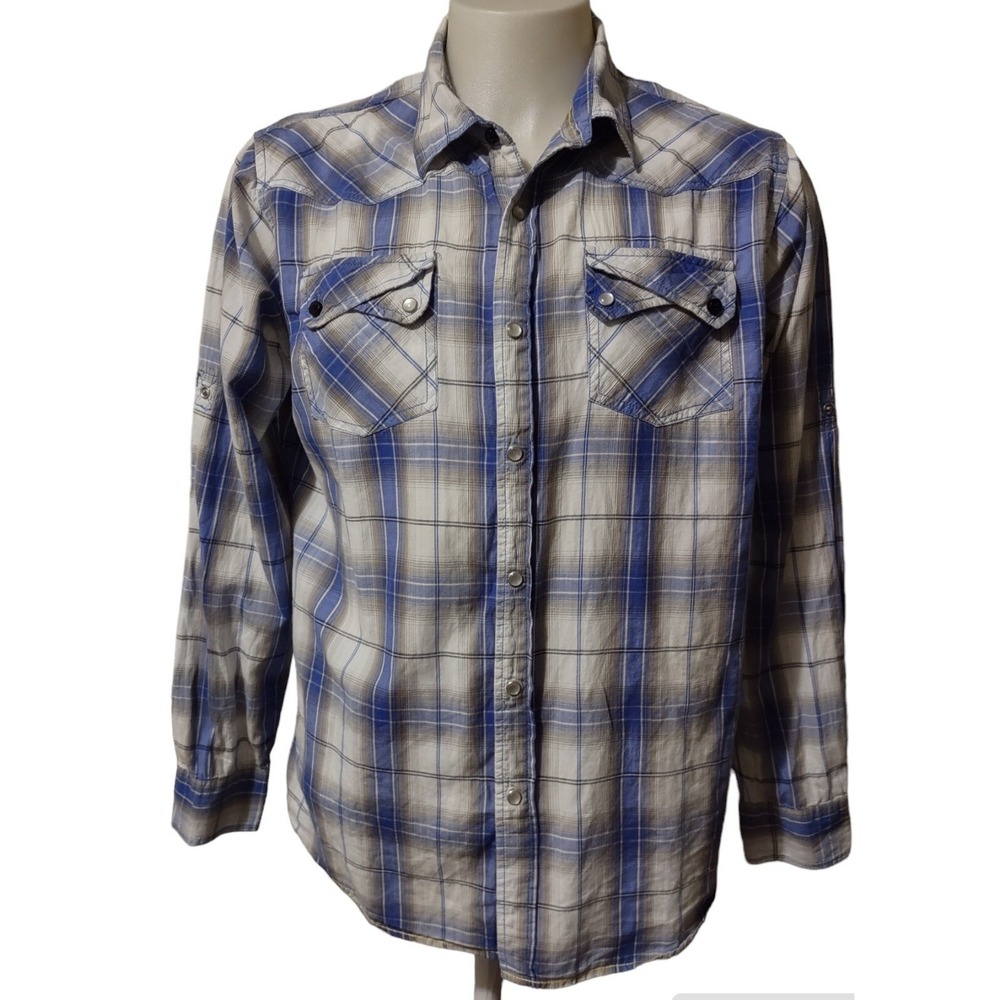Red Snap Men's XL Pearl Snap Shirt Long Sleeve Blue Plaid Collared Front Pockets